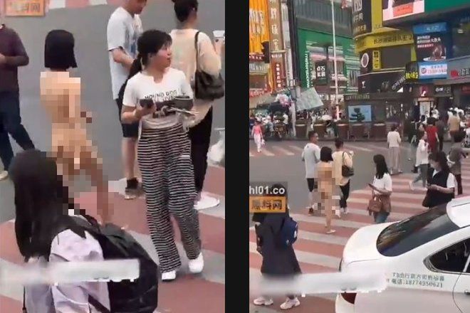 キチガイ動画 / 露出の中国人女, ある理由が原因で全裸で交差点を歩行中..他爆乳の女神も