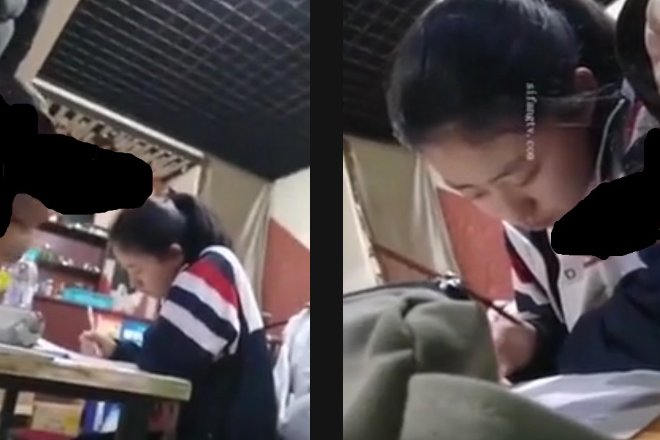 勉強で気づかない女子学生に無理やり顔面近くまでちんこを見せつける中国人のちん凸男。これは犯罪です..