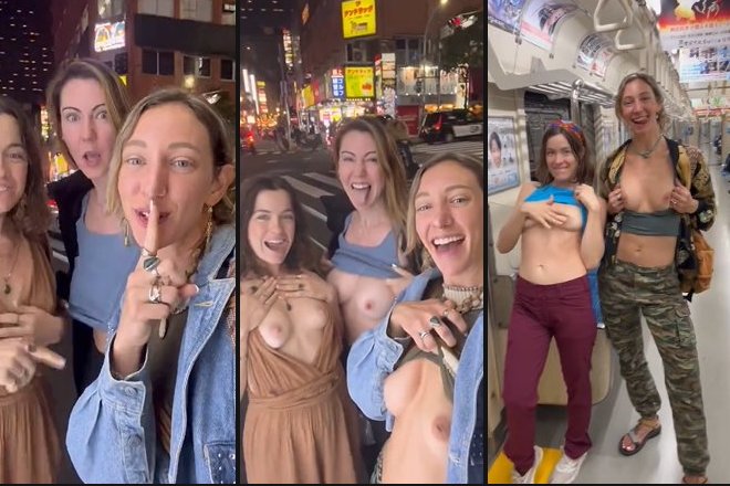 東京観光の白人女性3人さん、街中や地下鉄で乳首をポロリしちゃう軽率な露出動画が話題に..でも全然エロくないww