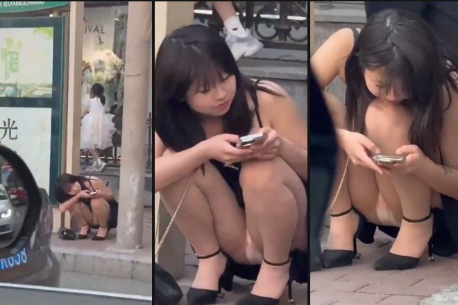 街中盗撮動画 / バス停でしゃがんでパンツまる出し女さん,股間をズームされる