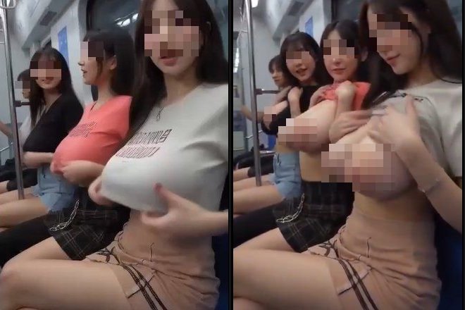 日本の電車でJDがおっぱい露出→揉ませてるエロ動画。乳輪たまらん..